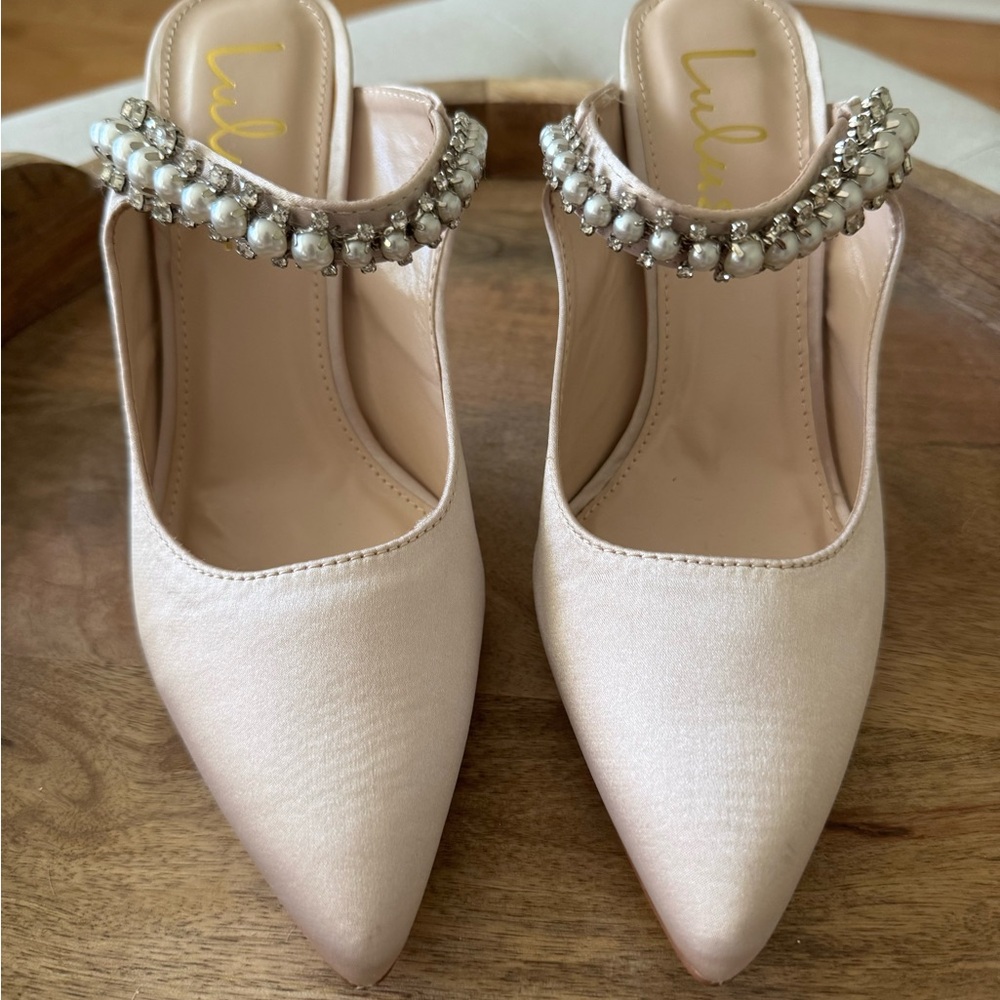 Lulu's Cream Mules with Embellished Strap